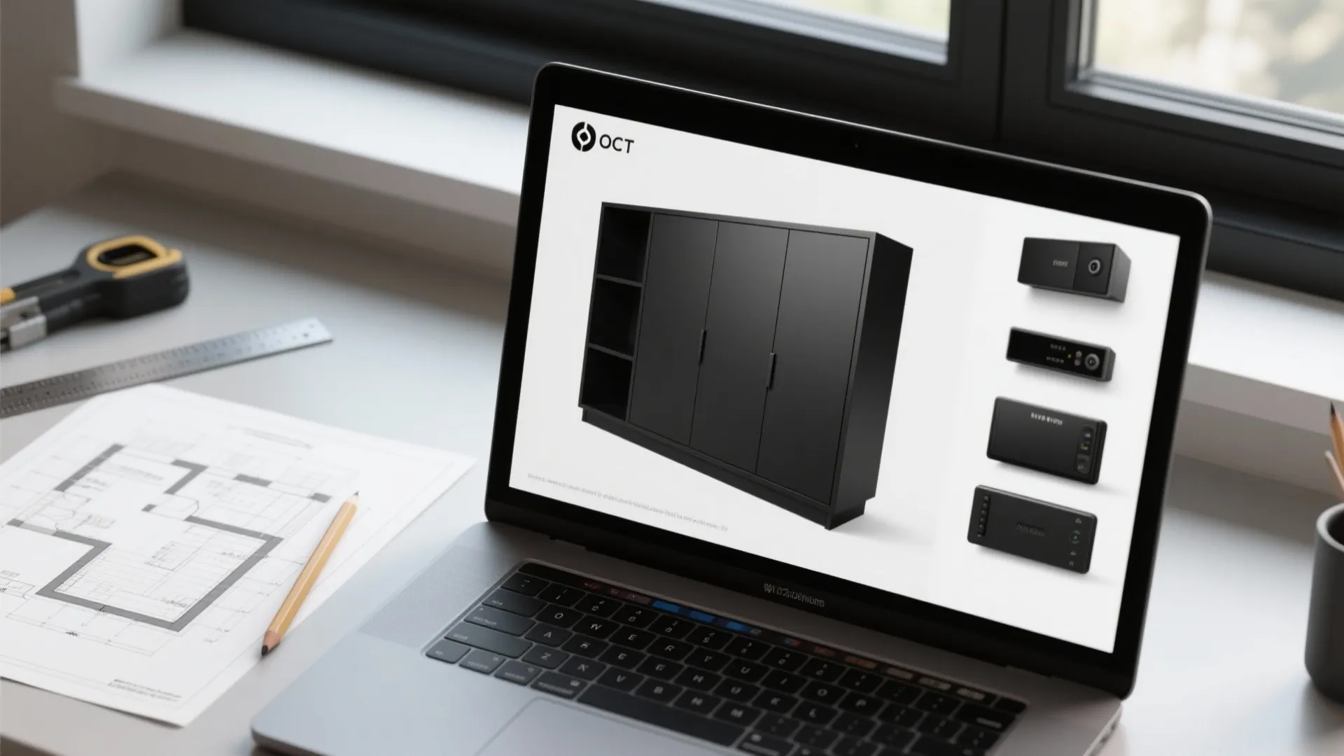 Laptop displaying a black cabinet design next to a floor plan and pencil on desk