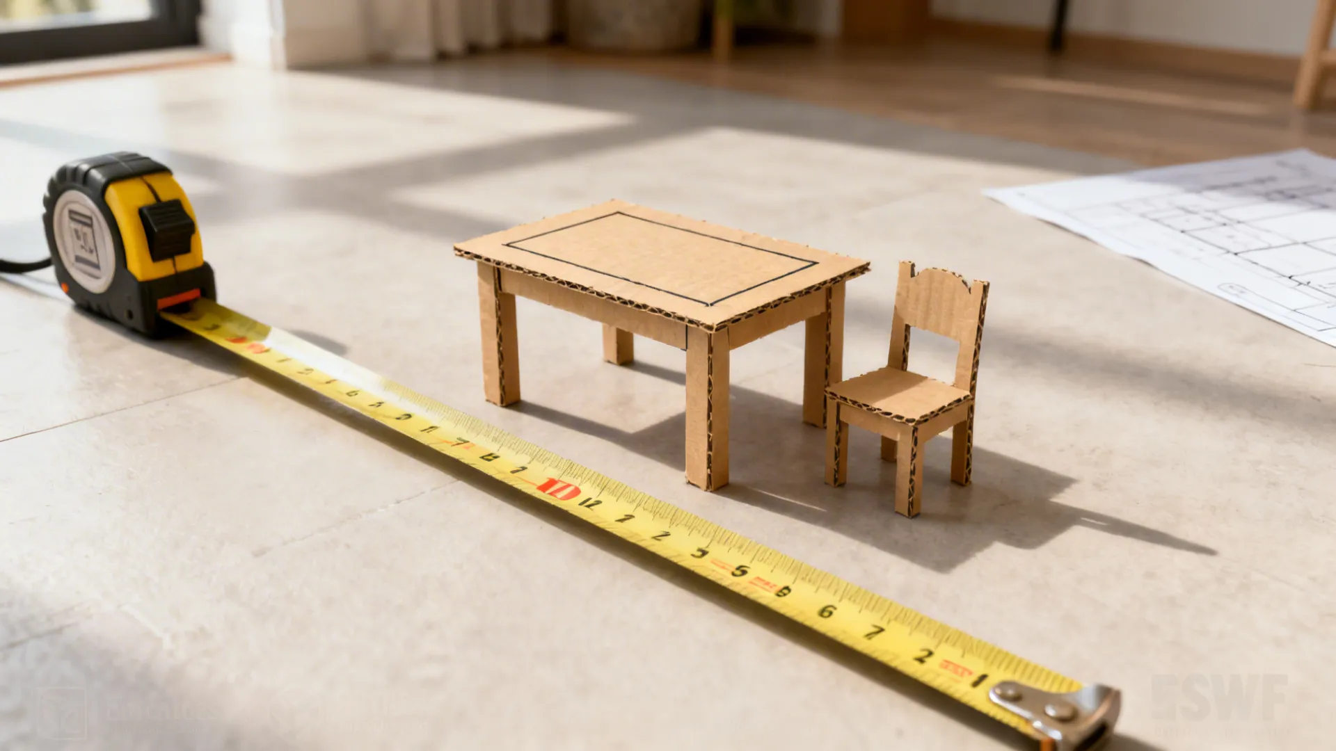 Measuring tape and cardboard mockups used to plan circulation around a small dining set