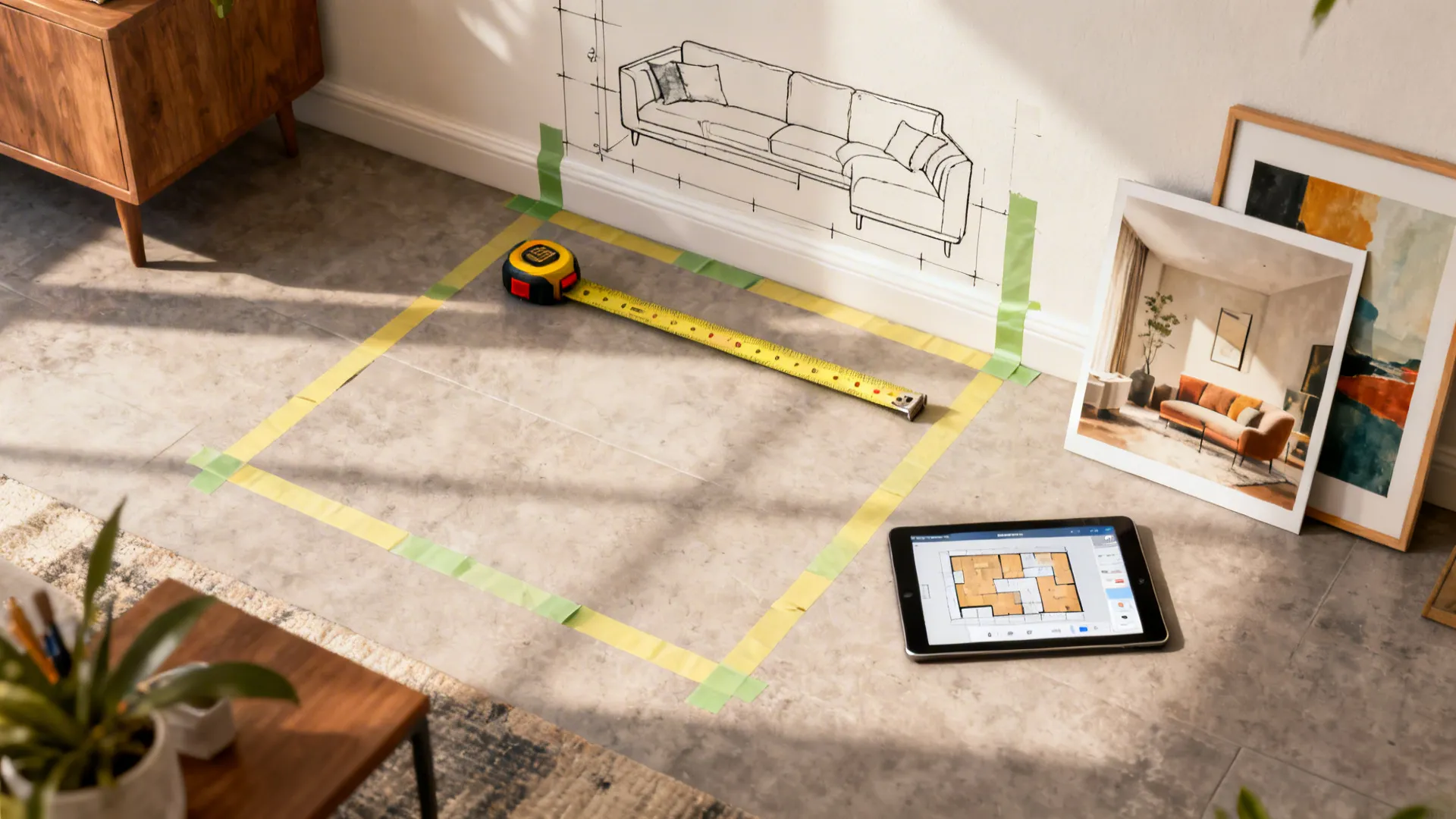 Top-down mockup of wall layout planning with painter's tape, measuring tools and a tablet showing a 3D planner.