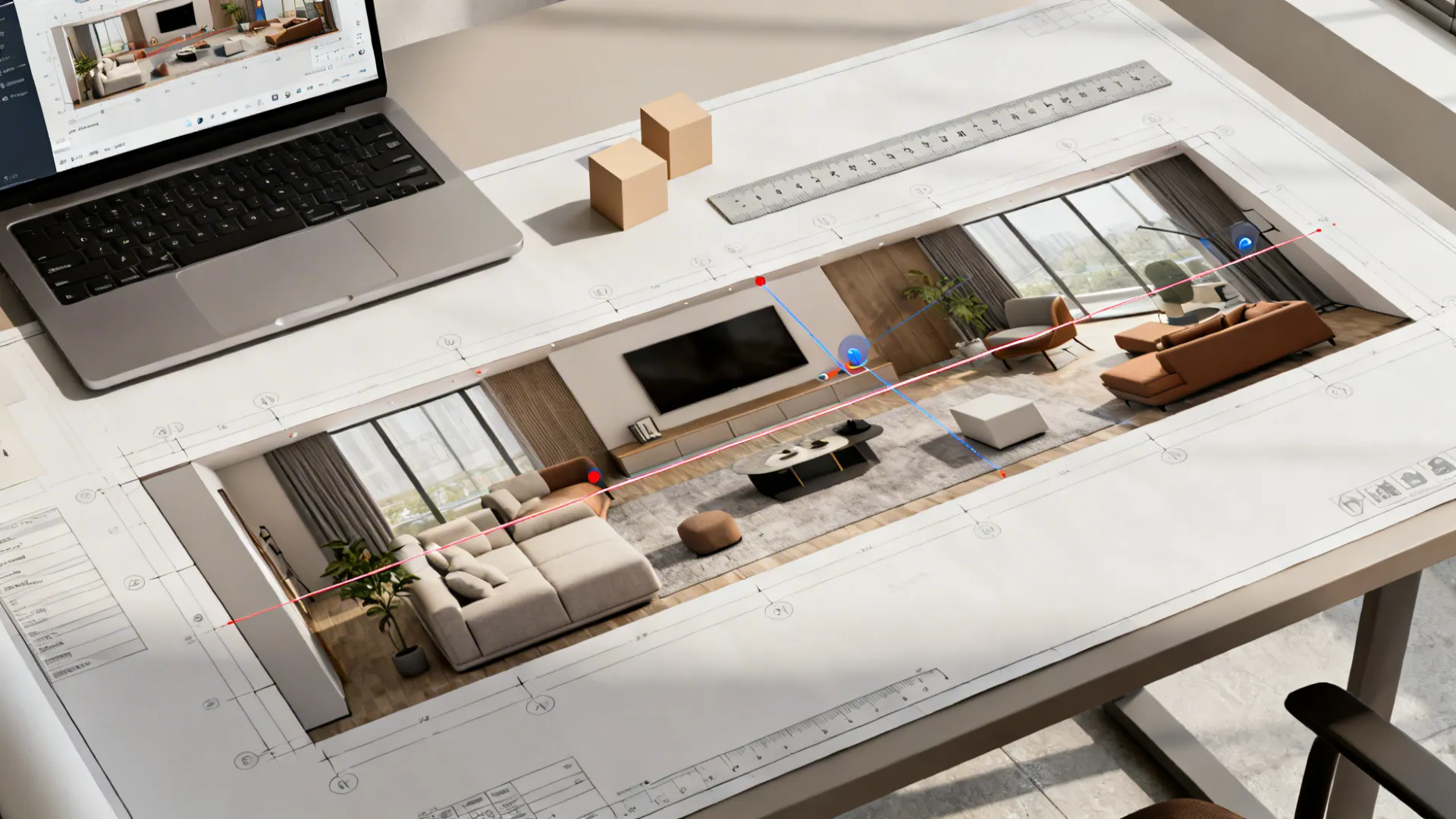 Interior design drawing on desk with laptop showing living room layout with red perspective lines
