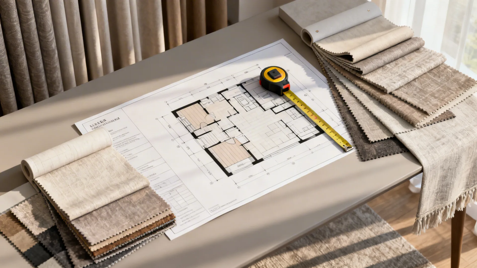 Top-down mockup with fabric swatches, measuring tape and a 3D room printout for planning sheers.