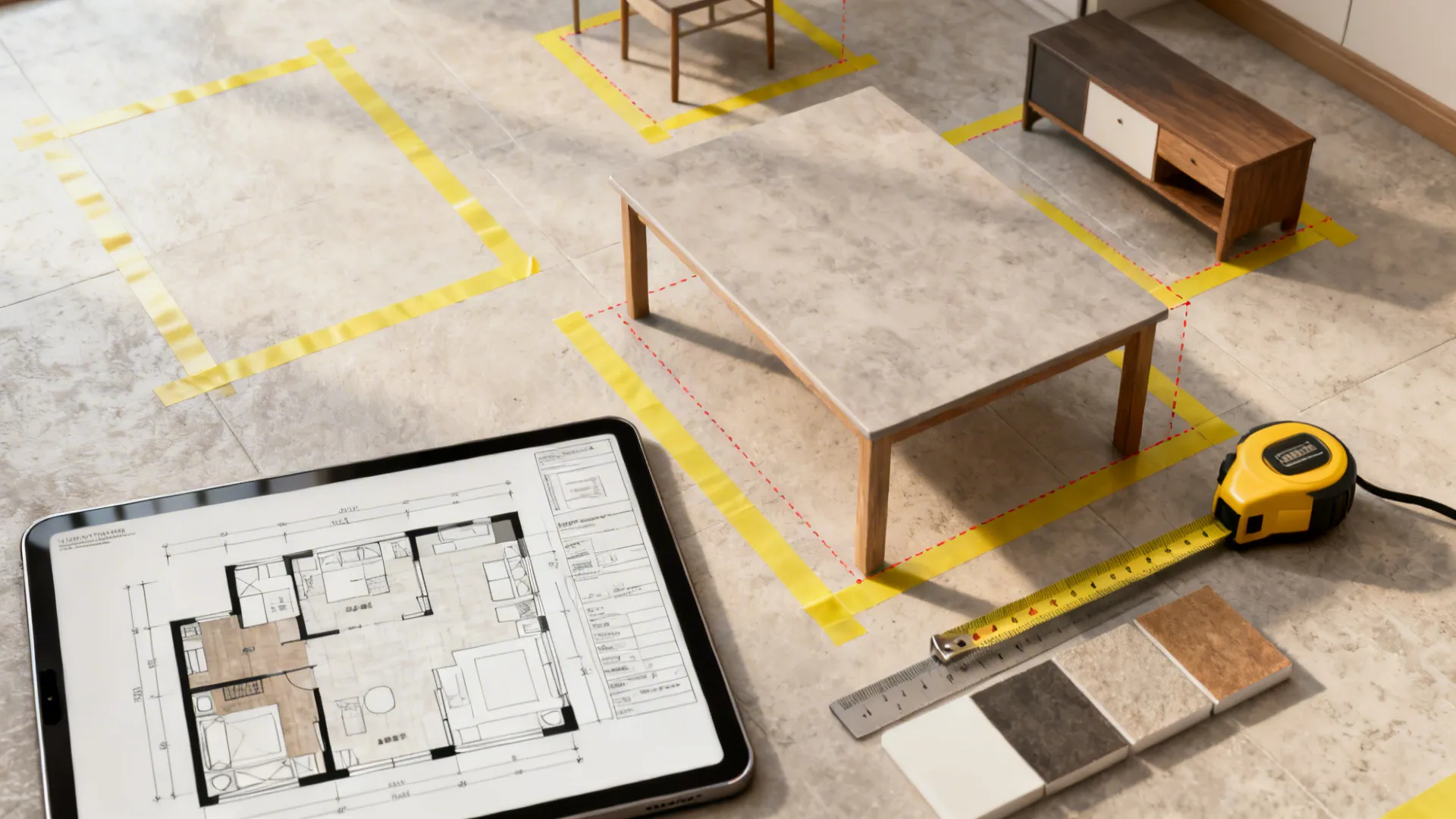 Top-down mock-up with taped footprints and a tablet showing a room planner for small dining layouts.