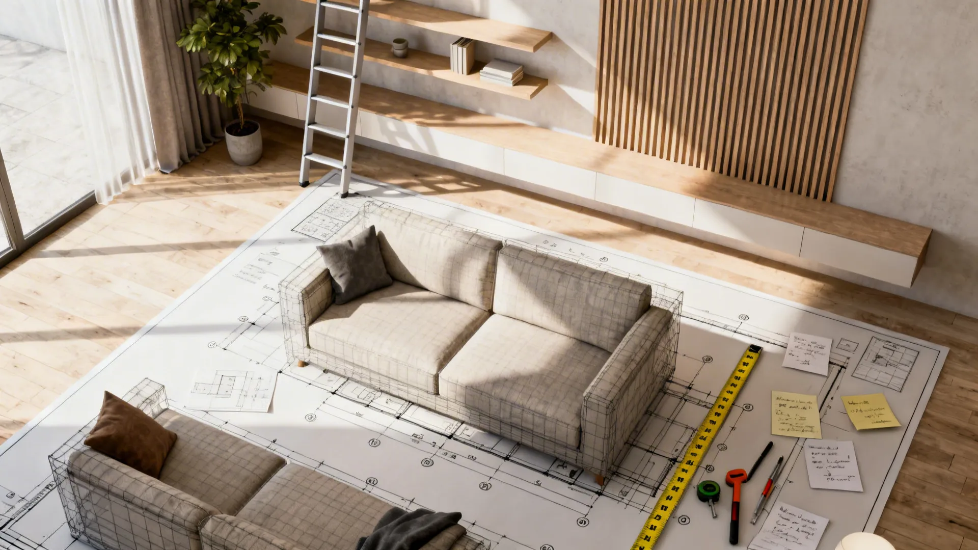 Top-down mockup showing planning tools and a 3D floor-planner layout for blanket holder placement.