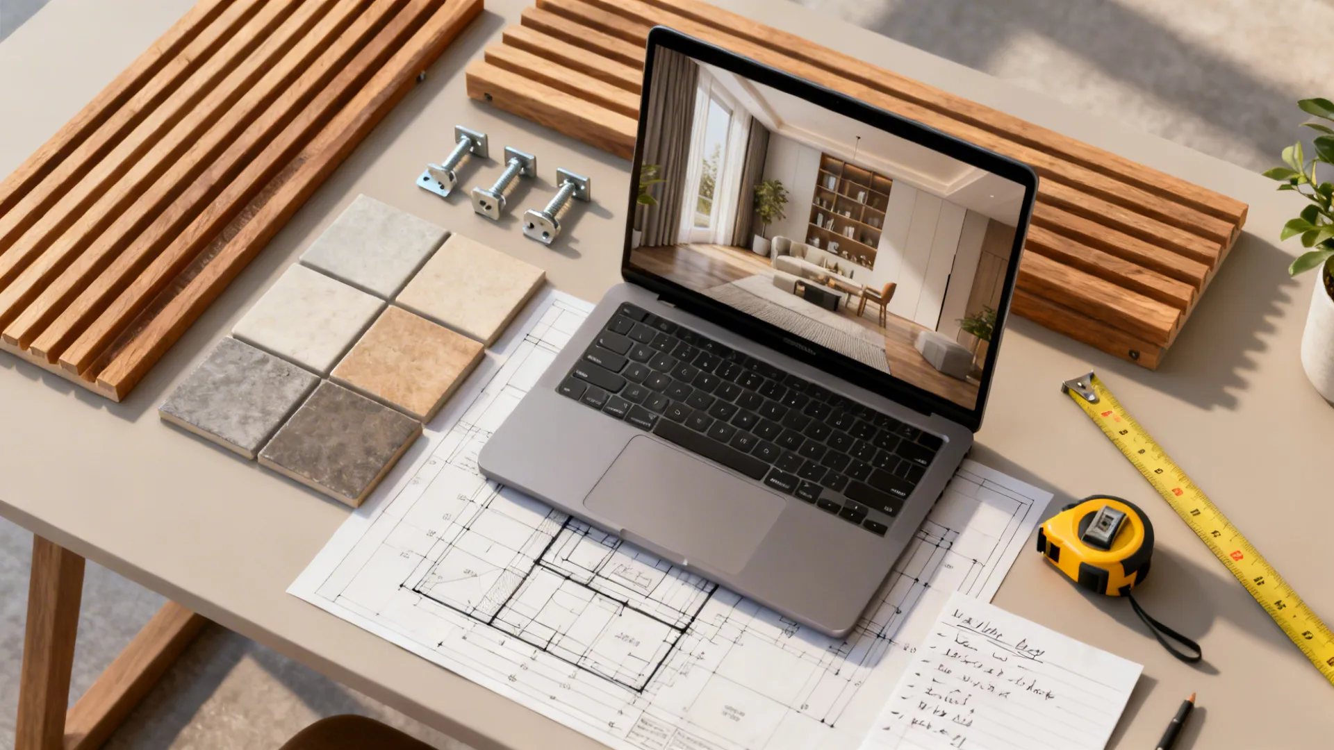 Top-down mockup of a 3D floor planner workspace with material samples and laptop render.