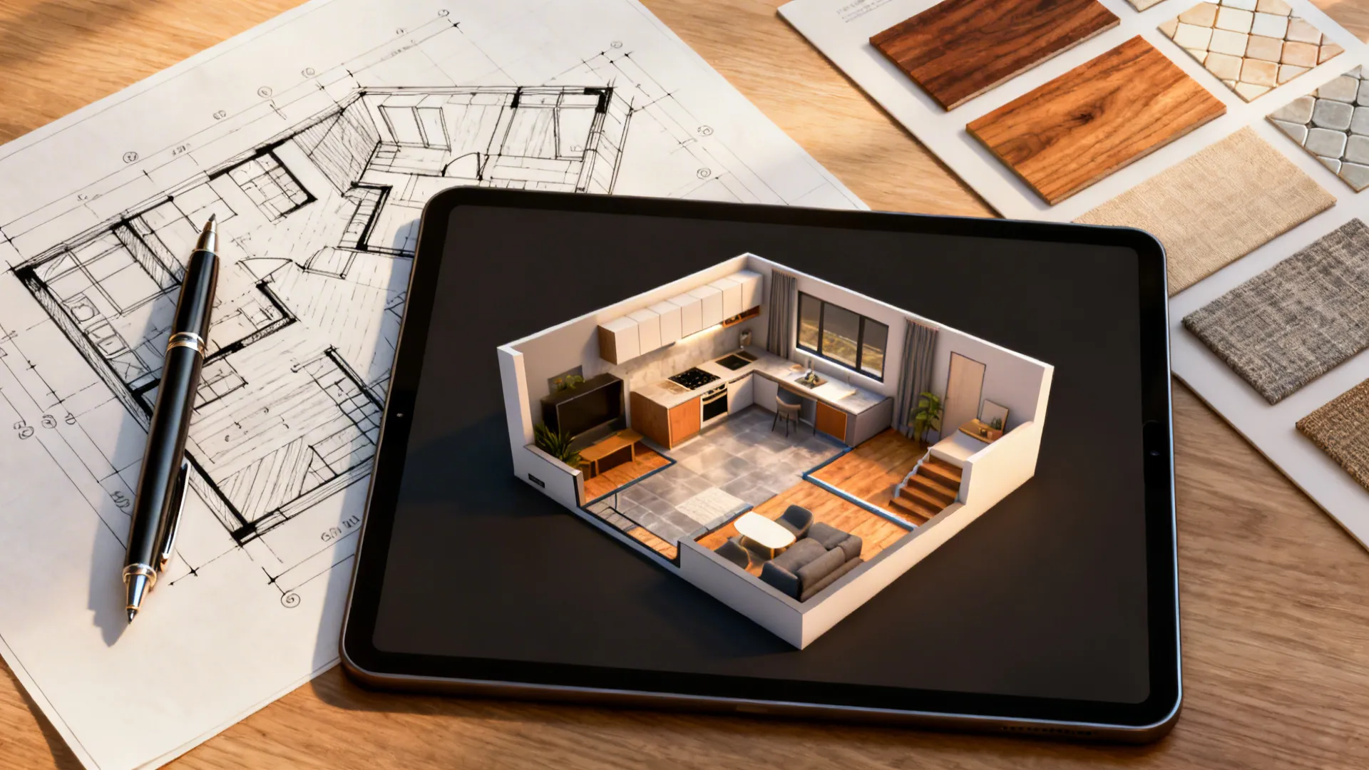 Top-down view of sketches and a tablet running a 3D floor planner for small apartment layouts.