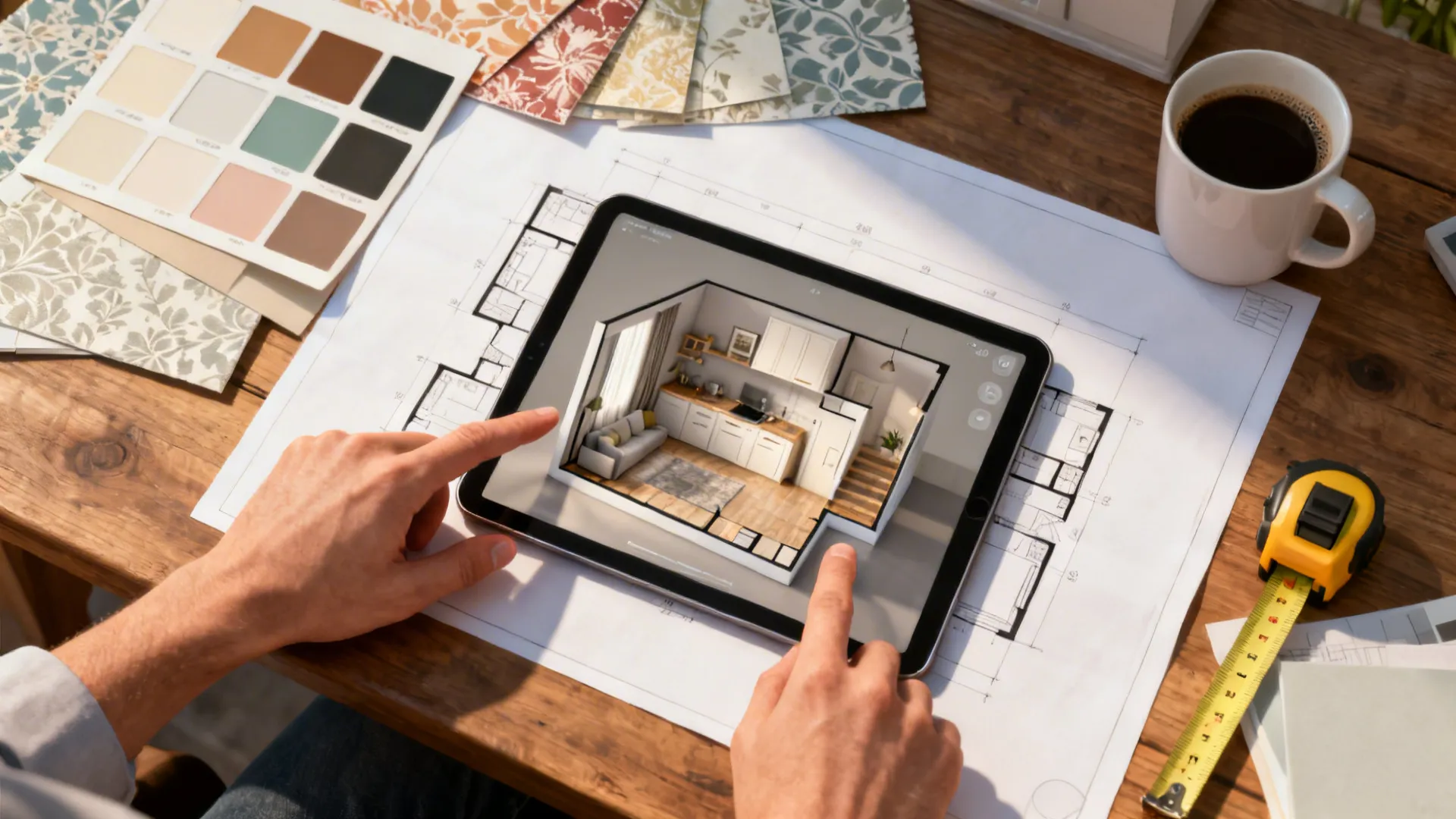 Top-down view of a desk with a tablet showing a 3D room mock-up and material samples.