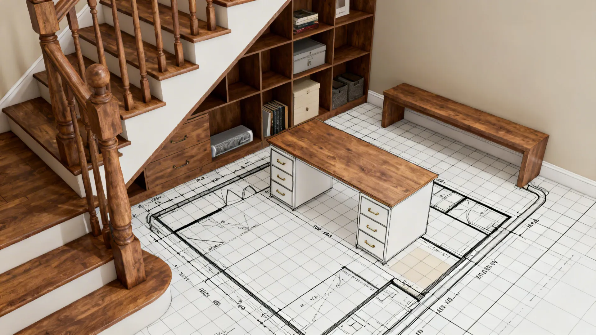 Interior design drawing on floor with wooden desk bench and staircase featuring built in storage