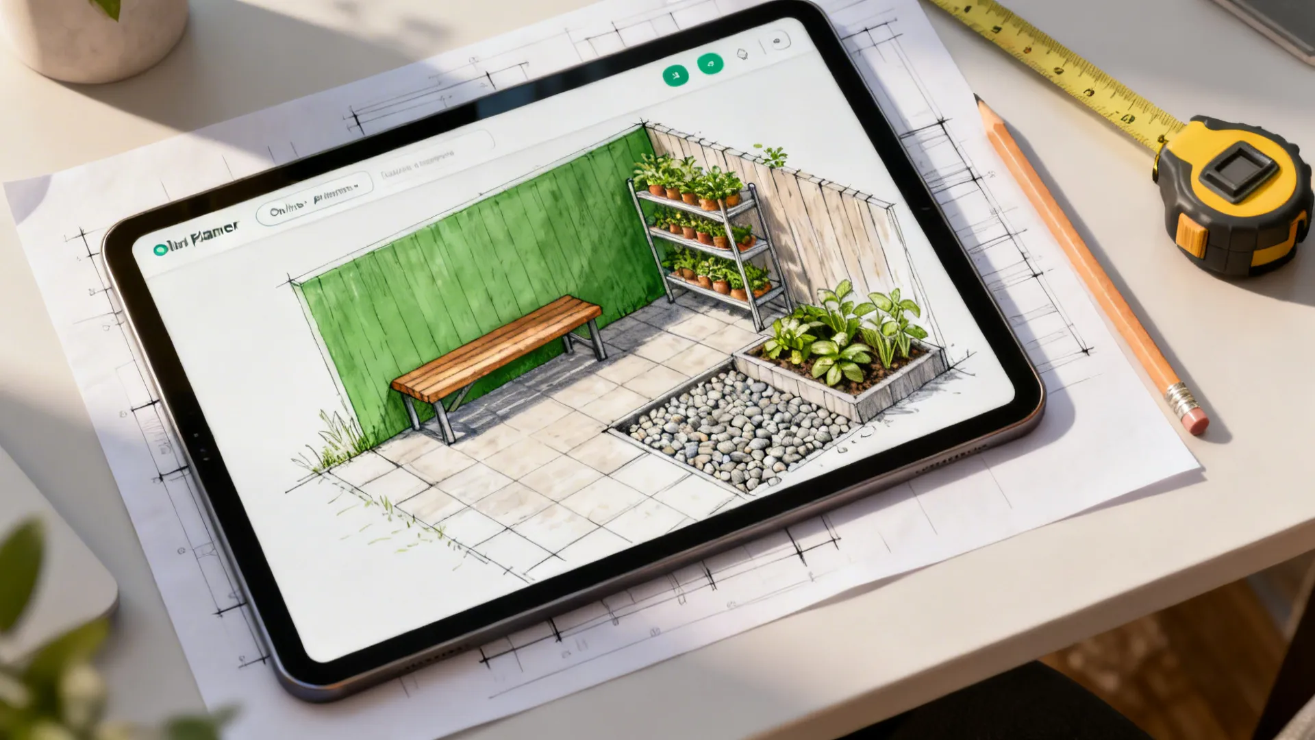 Top-down mockup of a tiny backyard layout on a tablet and paper with measuring tools.