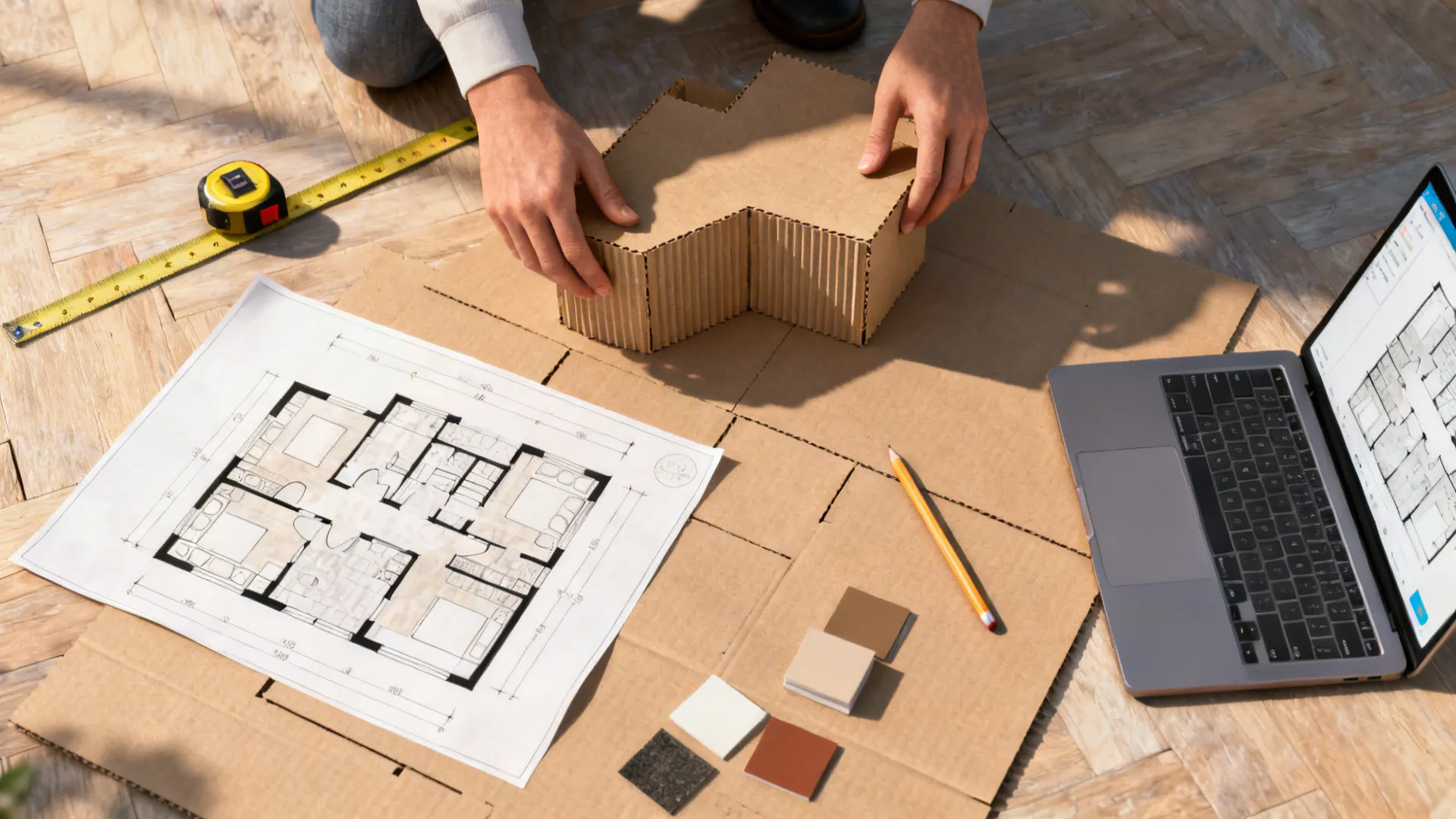 Top-down view of a kitchen layout plan with cardboard mock-up and floorplanner on a laptop.