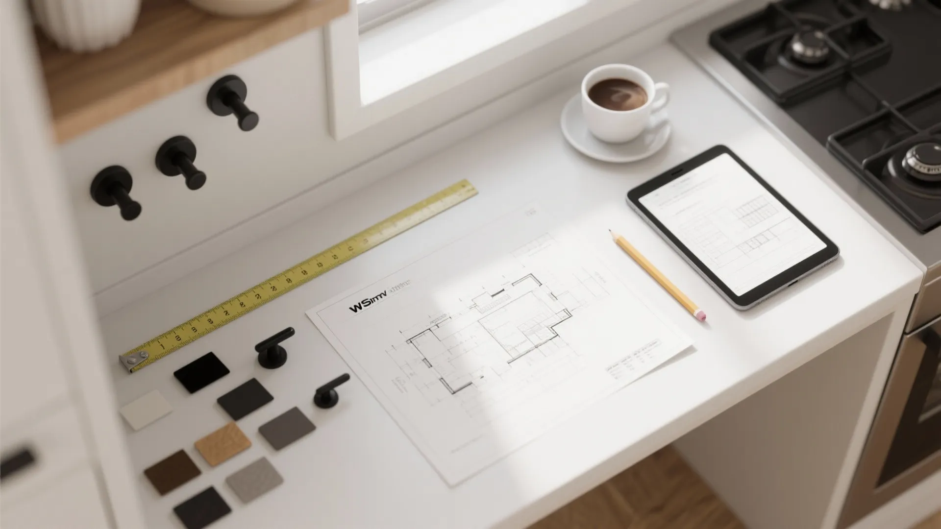 Top-down view of a planning desk with 3D kitchen mockup, handle samples and measuring tape