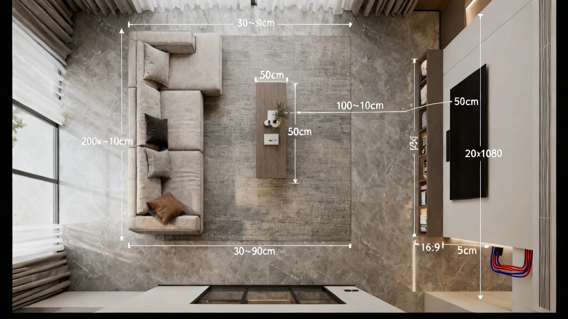 Top down view of a living room layout showing measurements for sofa table and rug placement