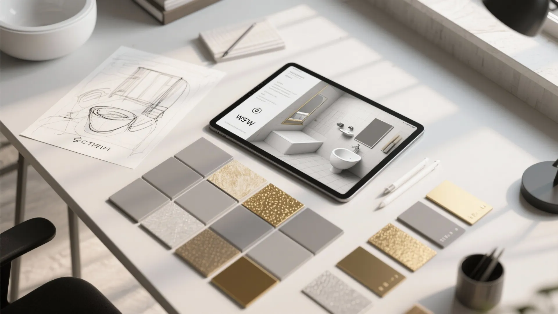 Top-down view of sketches, a 3D mockup on a tablet, and gray and gold material swatches.