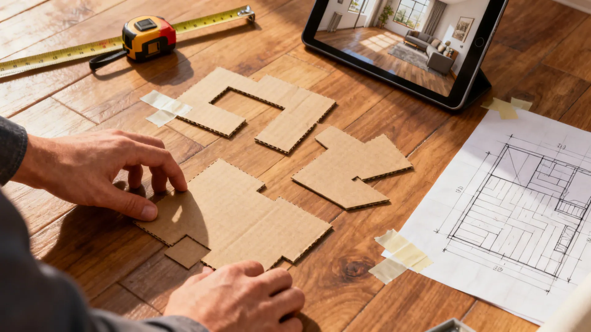 Cardboard cutouts, measuring tape and a tablet with a 3D mockup for planning a reading corner.