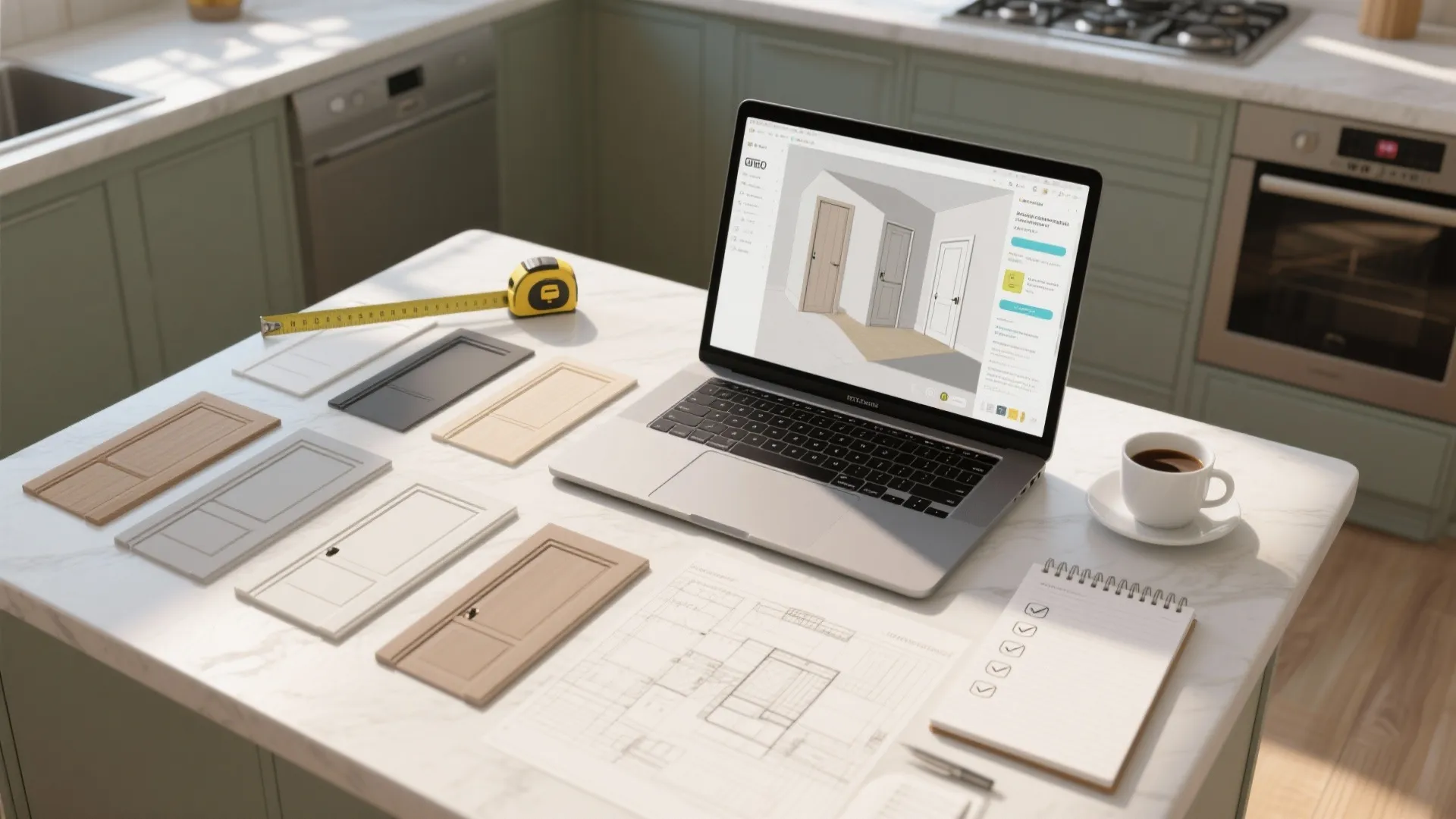 Laptop showing door design software with miniature door samples and tape measure on kitchen counter