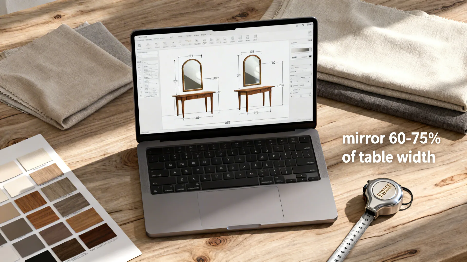 Top-down view of a digital room planning mockup with swatches and measurements for mirror and table placement.