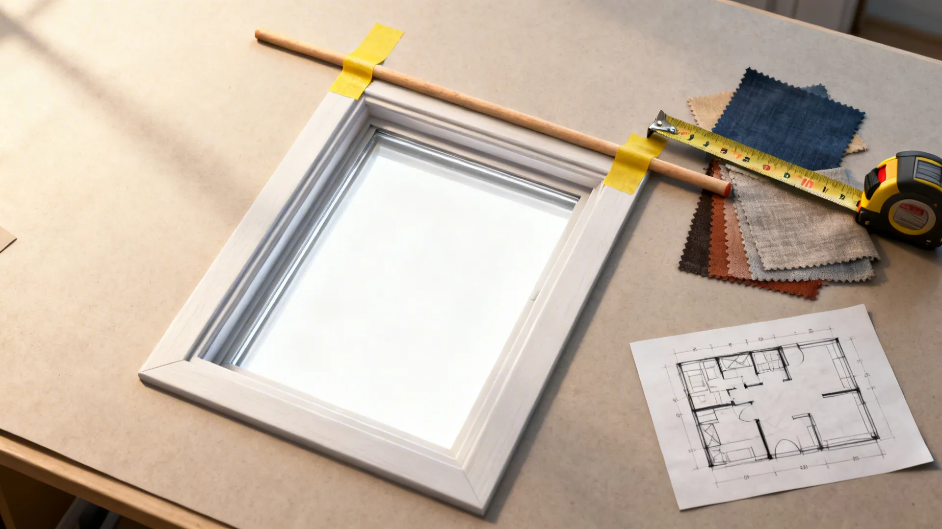 White window frame model with wooden rod fabric samples measuring tape and house floor plan
