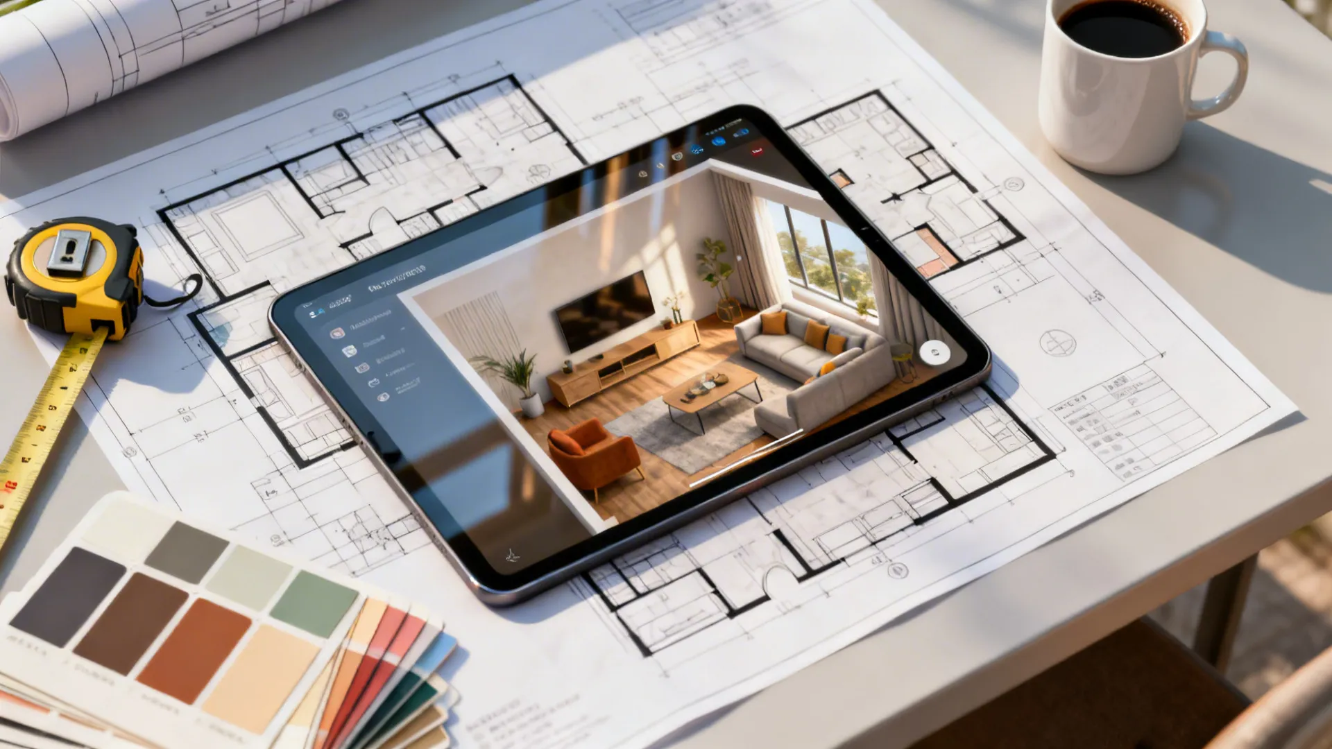 Top-down view of a table with a tablet showing a 3D floor planner, plans, and material swatches.