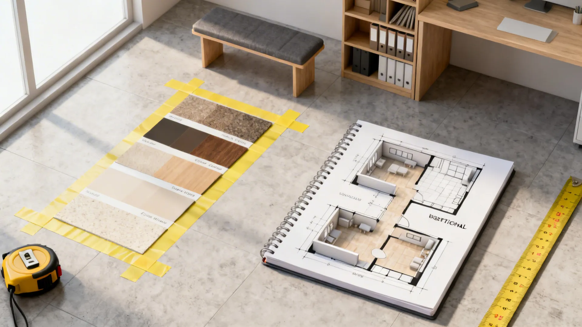 Top-down mockup with tape on floor, measuring tools and 3D floor planner printouts for tiny office layout