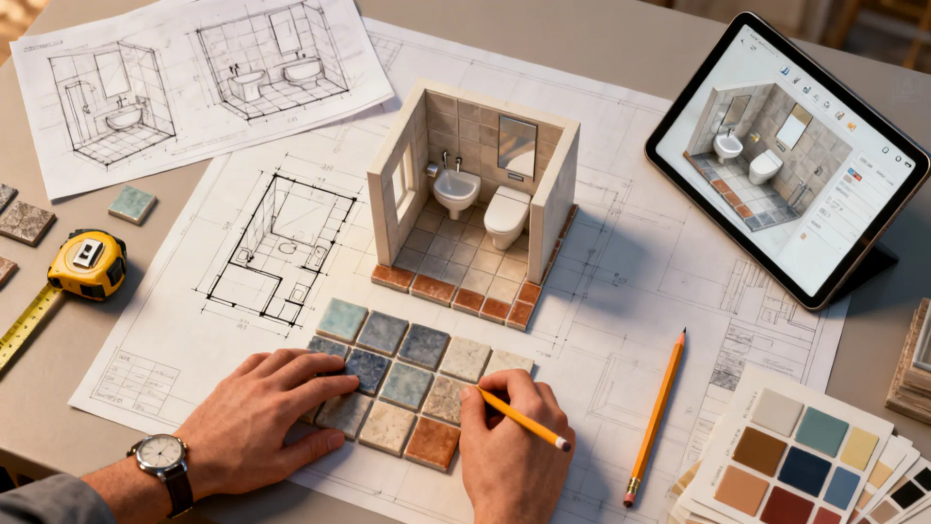 Top-down mockup of bathroom layout sketches, tile samples and a tablet 3D planner.