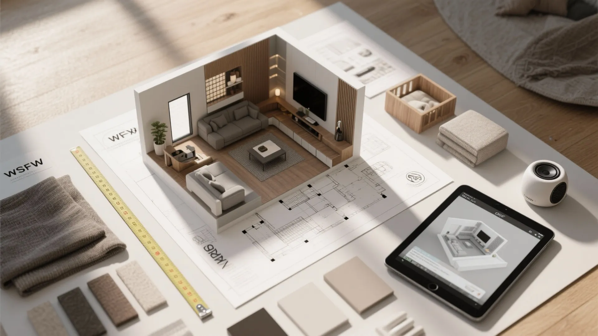 Living room 3D model placed on floor plan drawing with fabric swatches and tablet display