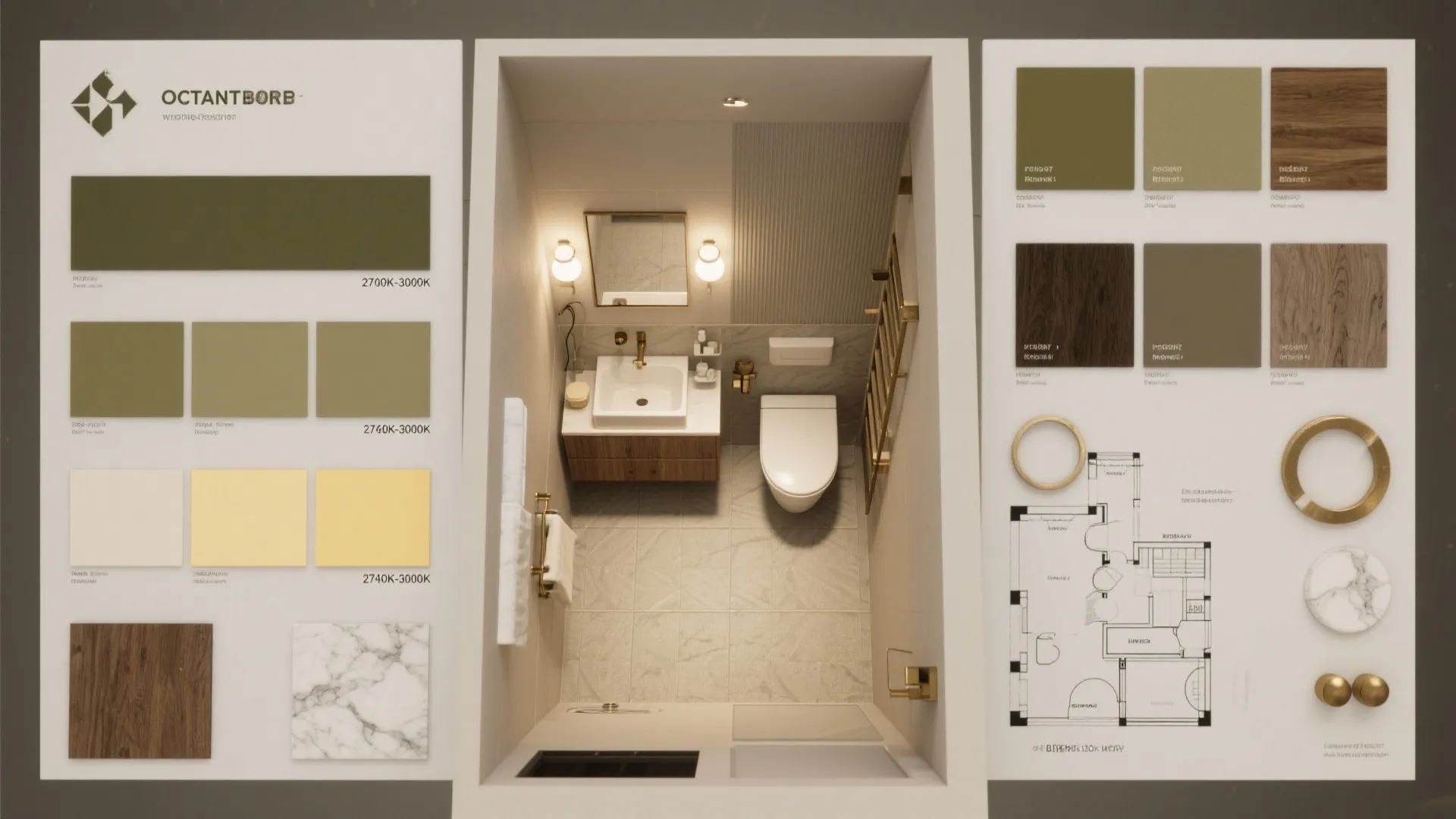 Top-down 3D planning scene with olive color swatches and lighting samples for bathroom design