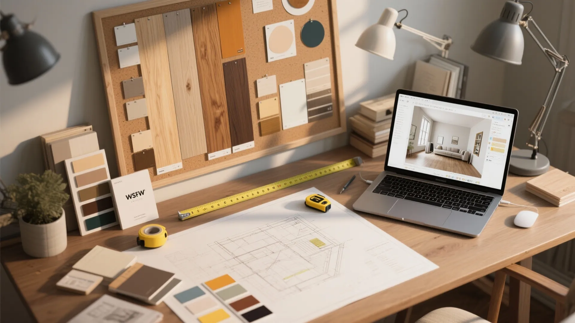 Interior design drawing on wooden desk with laptop computer measuring tape and material samples board