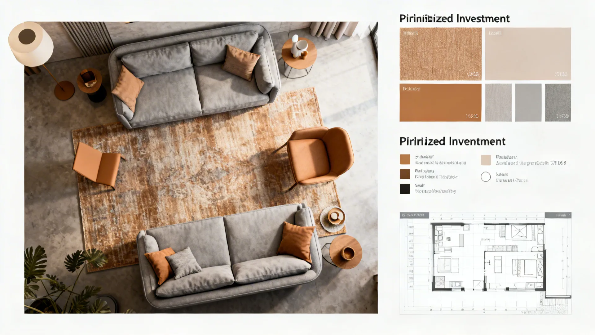 Top-down room planner moodboard showing sofa, rug and tan accessory priorities