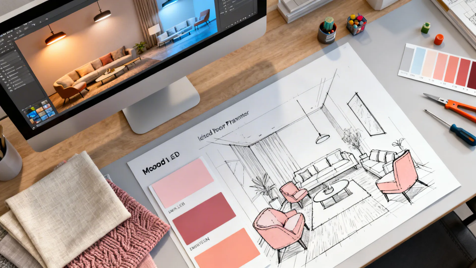 Room planner mockup, paint swatches and fabric samples for pink-grey-white scheme