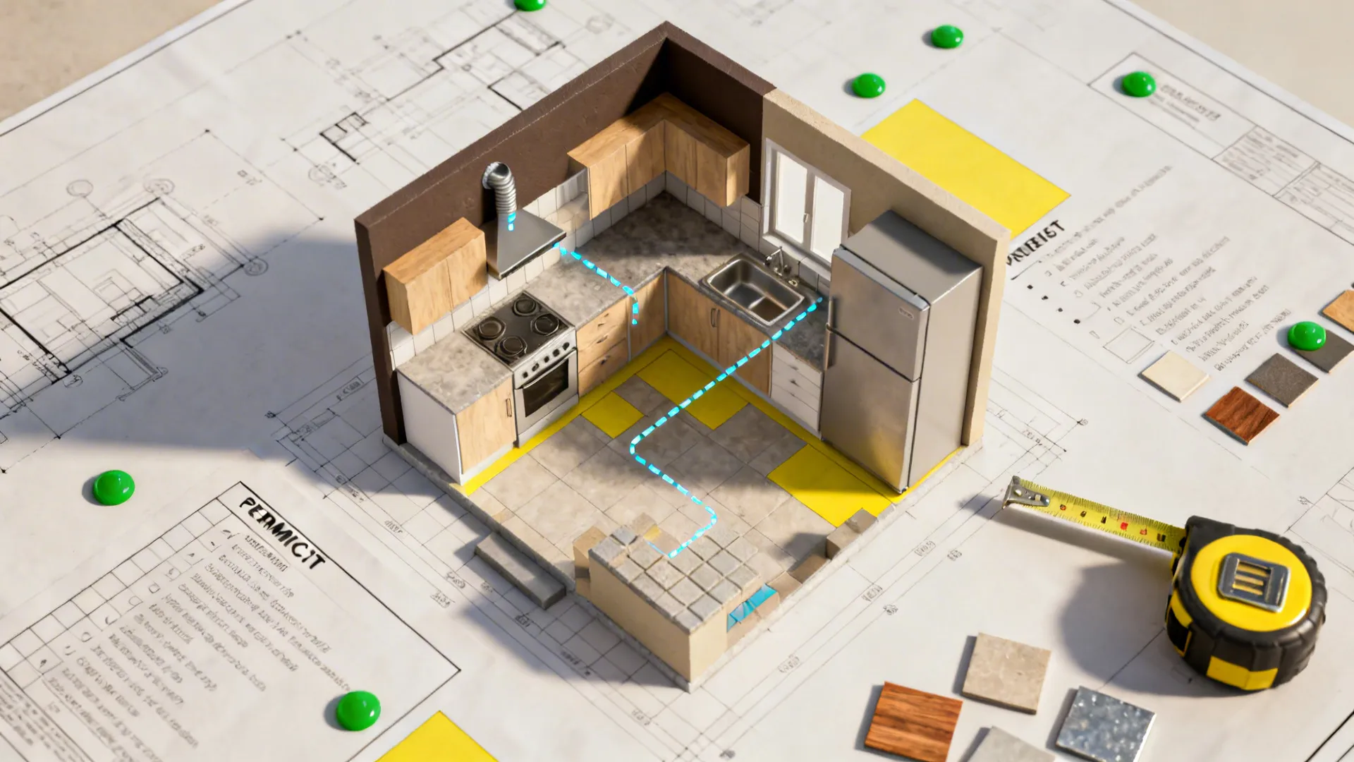 Top-down planning board with kitchen layout, clearances, and material swatches.