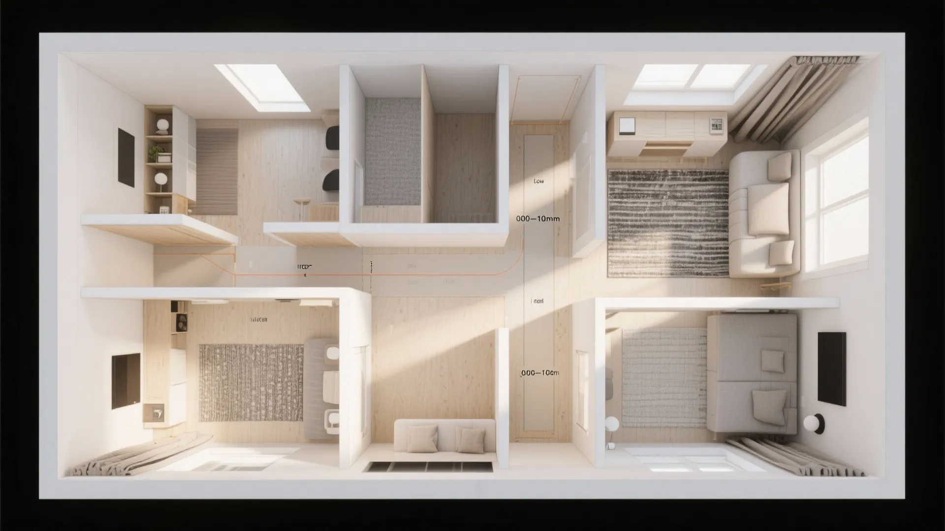 Top view interior design drawing of a modern small apartment with furniture and room layouts
