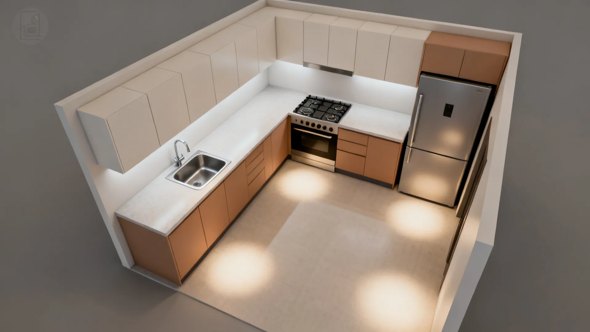 Top-down visualization of a compact kitchen with clear work triangle and comfortable aisle.