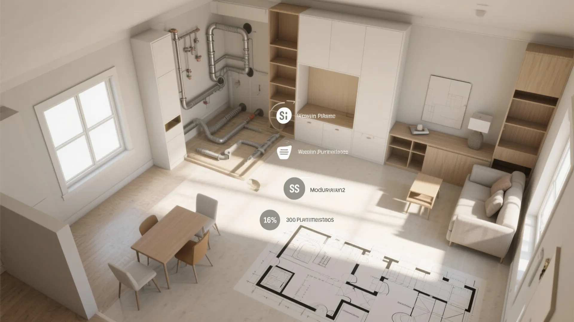 Interior design drawing showing room layout with furniture placement and exposed metal water pipe systems