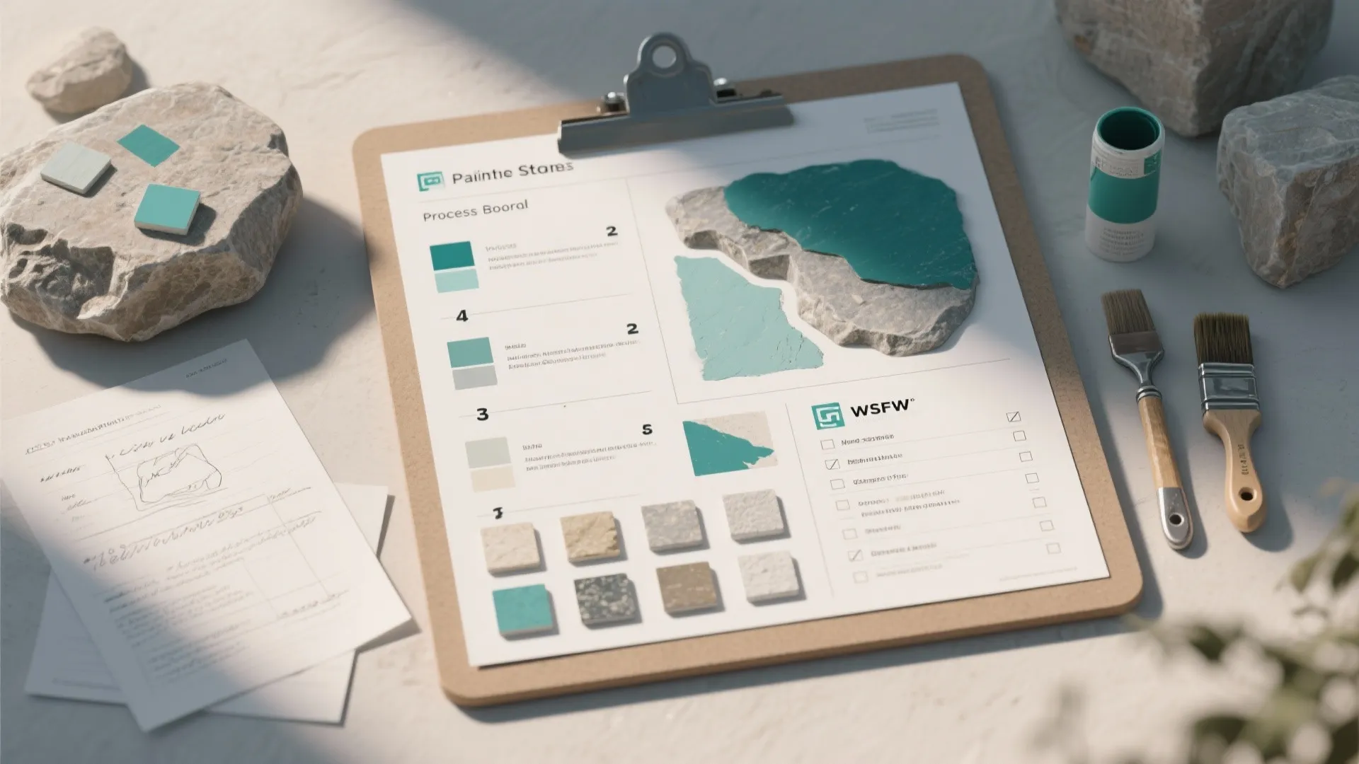 Clipboard showing a home design planning board with color swatches stone samples and paint brushes