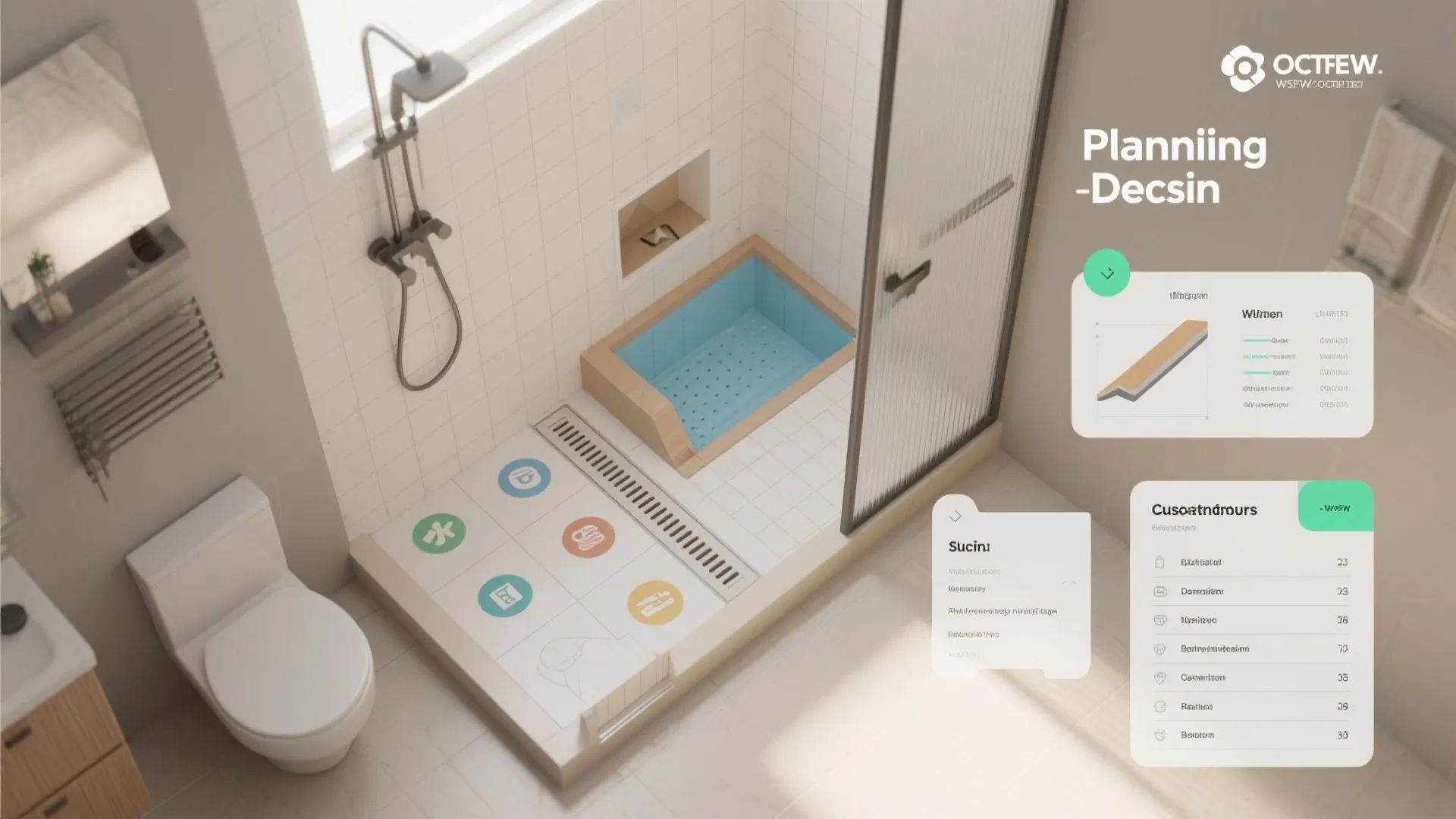 Modern bathroom interior design drawing showing shower area with blue bathtub and white floor tiles