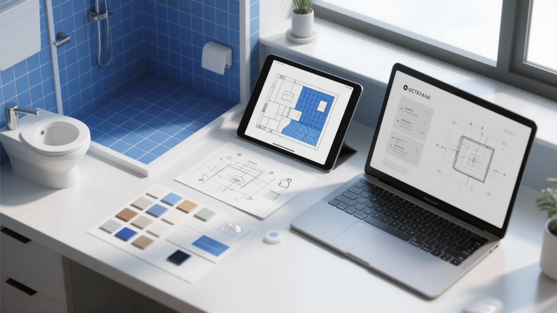 Top-down view of planning materials: digital mockups, tile samples and lighting cards for a blue-tiled bathroom