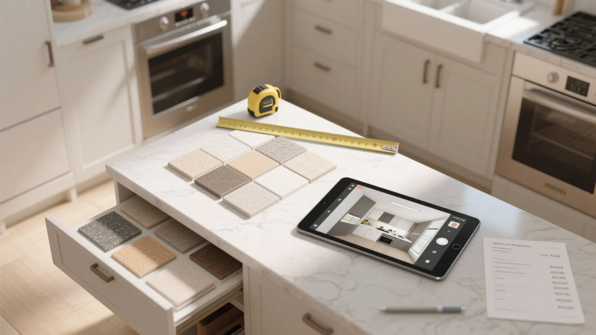Kitchen island with tile samples measuring tape and a tablet showing an interior design drawing