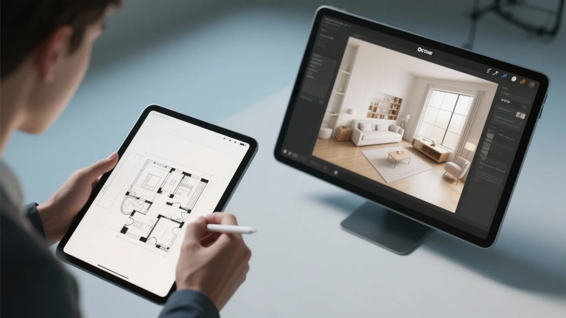 Top-down sequence showing sketch, tablet floor plan, and 3D planner for small bedroom layouts.