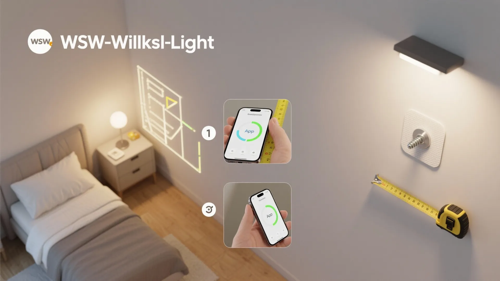 Graphic showing room layout planning process with measuring tape mobile phone app and wall light installation