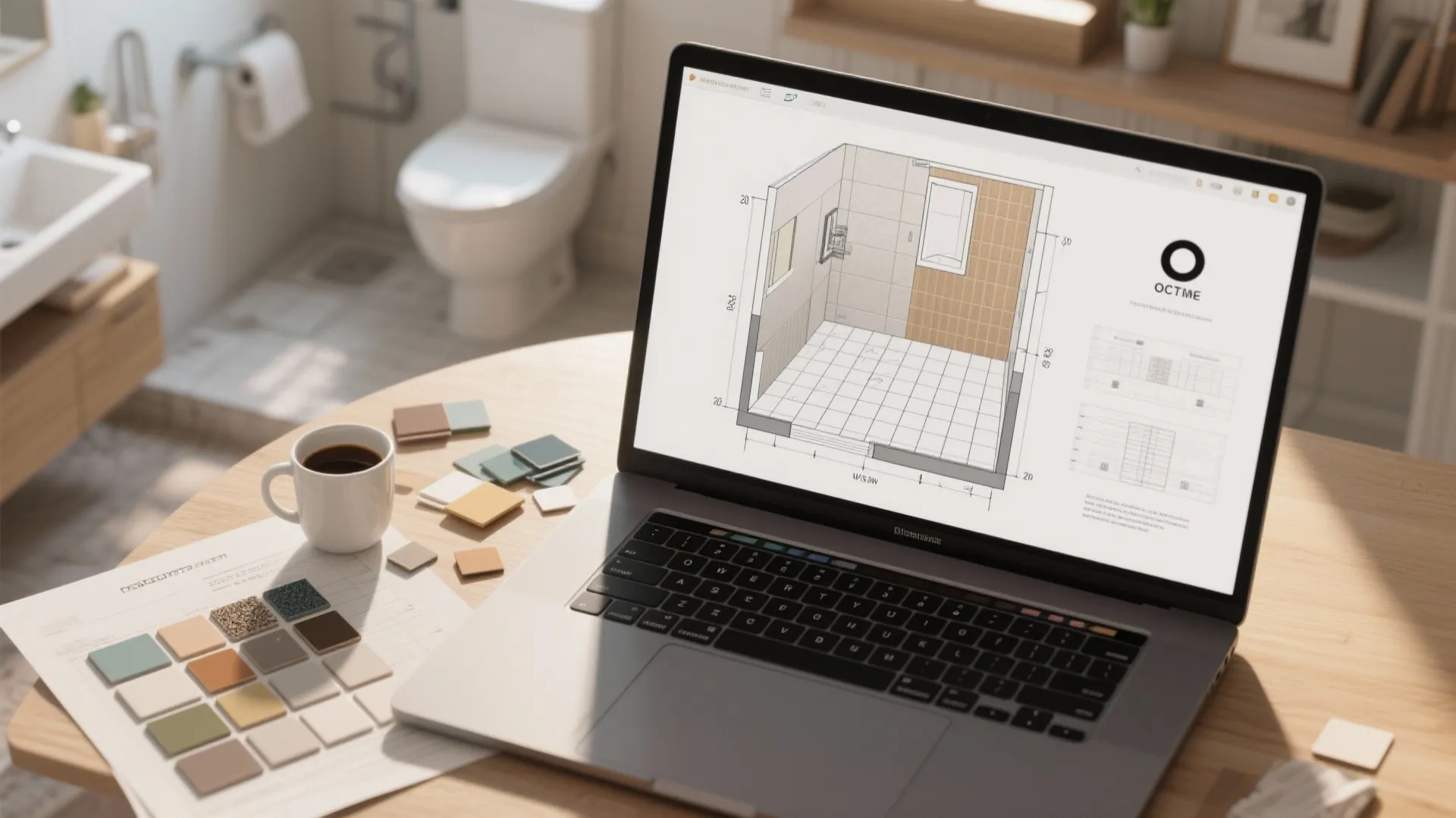 Top-down view of tile layout planning with 3D planner on laptop and swatches