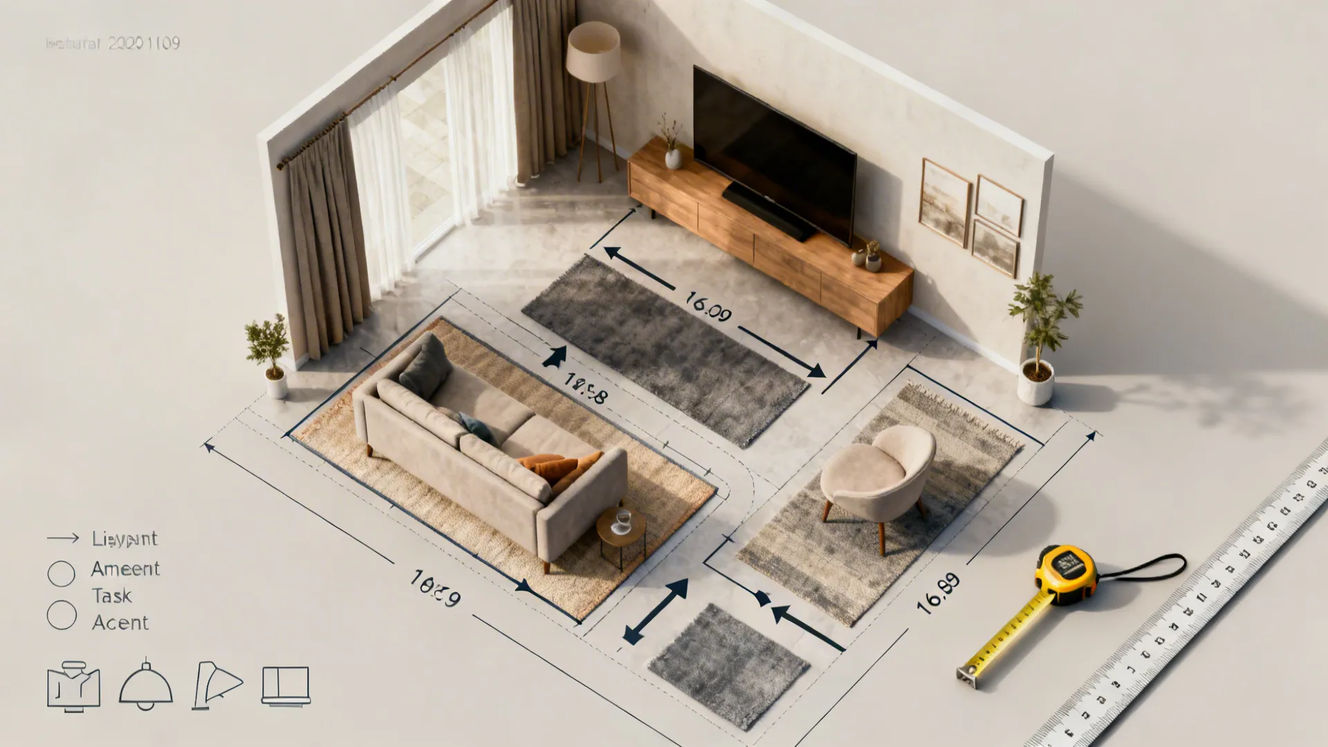 Top-down zoning plan of a small living room showing seating, media, circulation and lighting layers.
