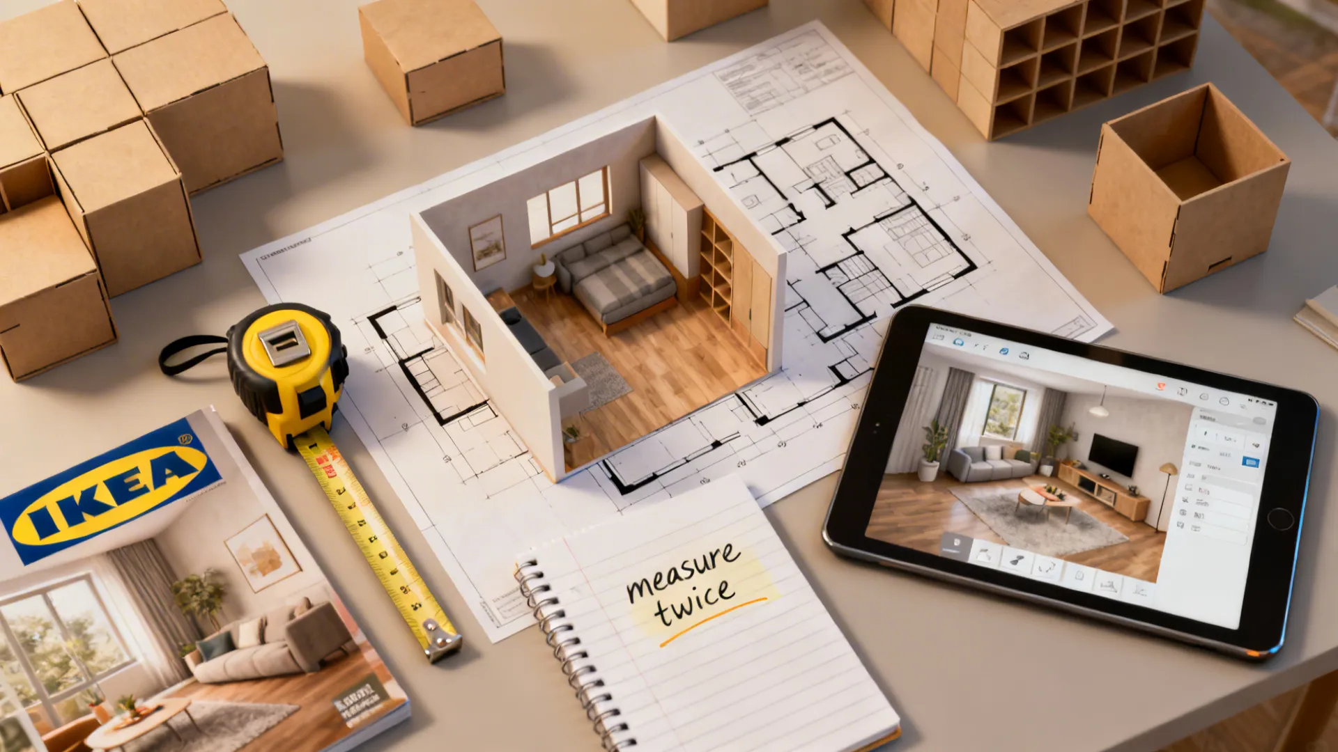 Top-down view of small-room planning tools: 3D floorplan, tape measure, tablet with room planner and IKEA mockups.
