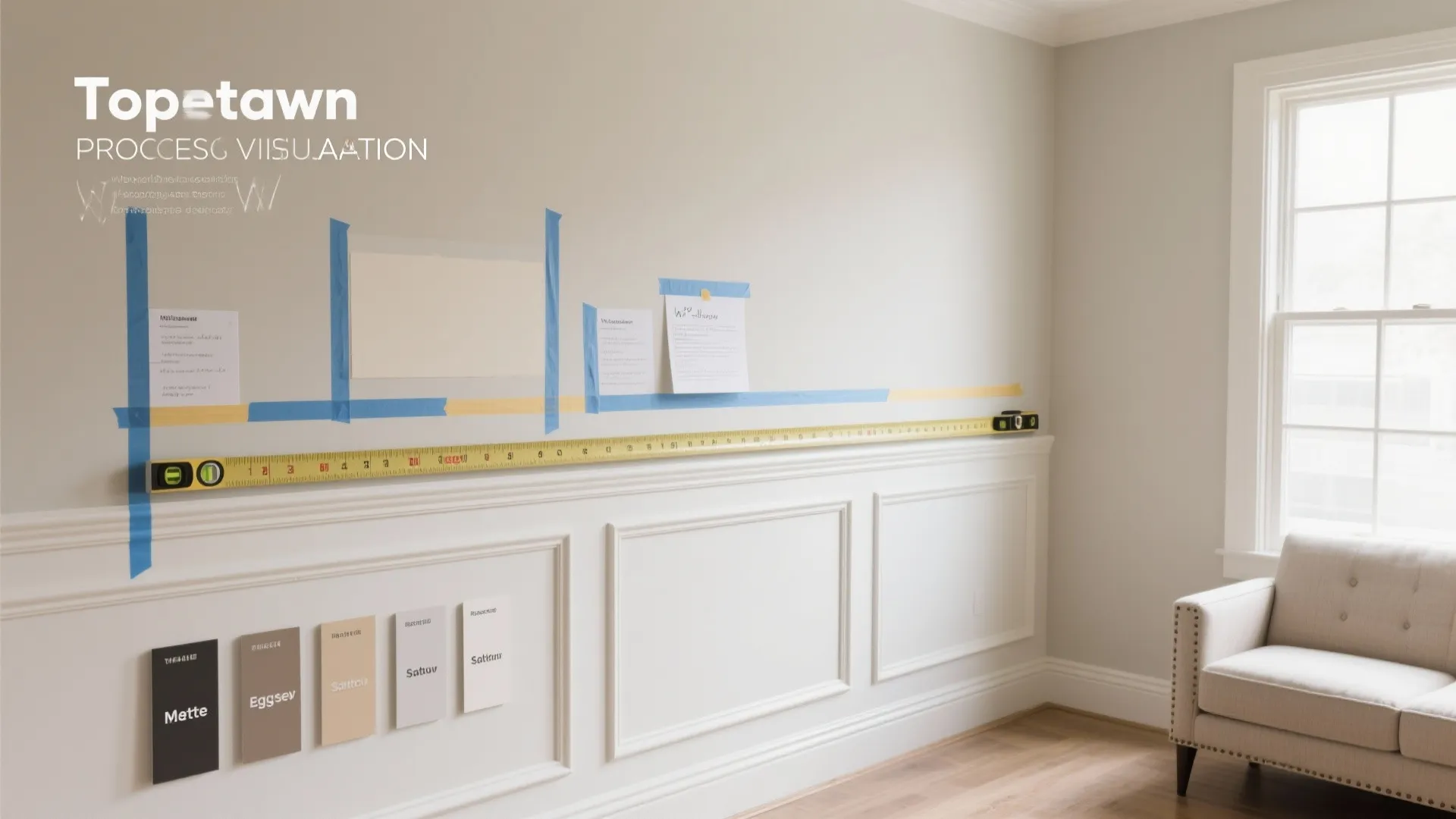 Interior wall design planning with measuring tape, blue painter tape, white wall panels, and colors