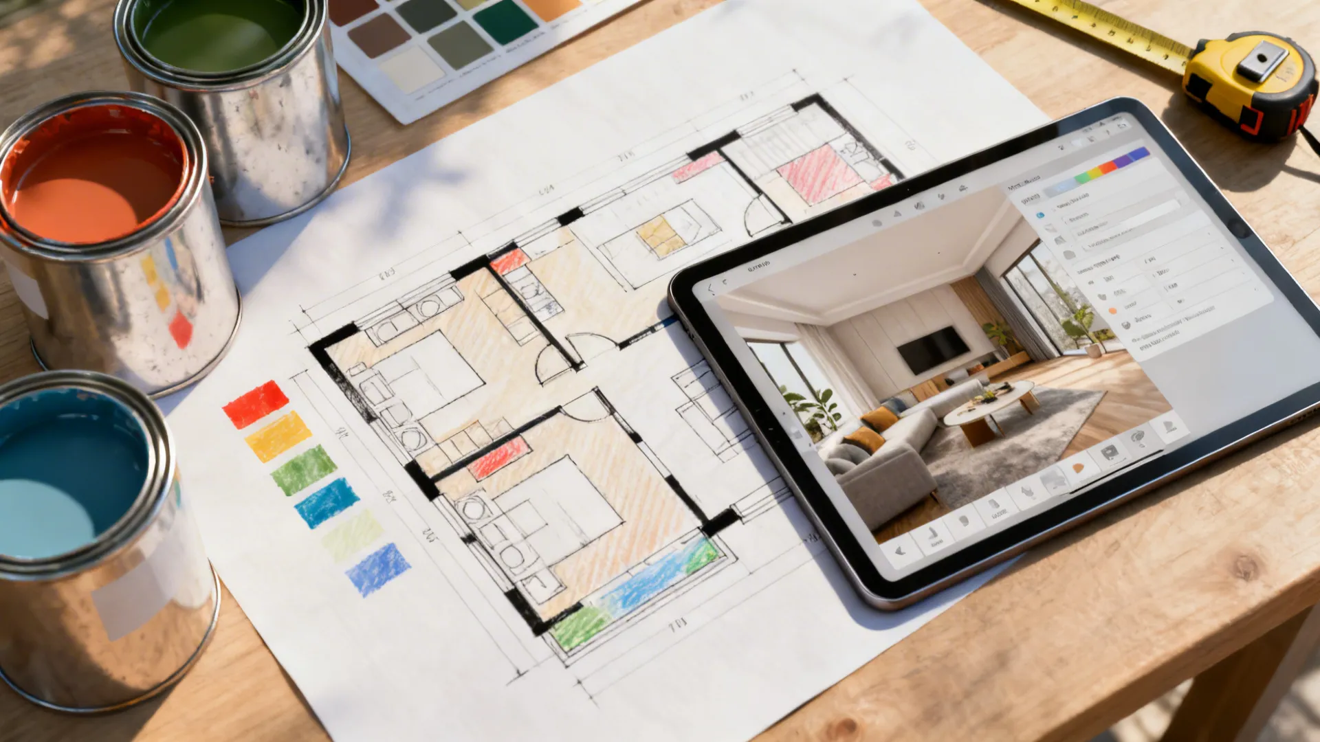 Top-down view of floorplan sketches and a tablet running a room planner with paint samples.