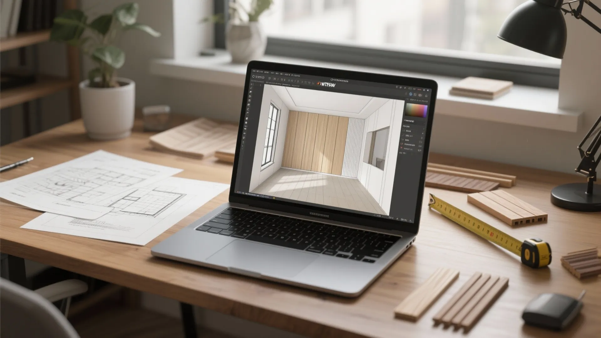 Laptop on wooden desk showing interior design drawing software next to floor plans and measuring tape