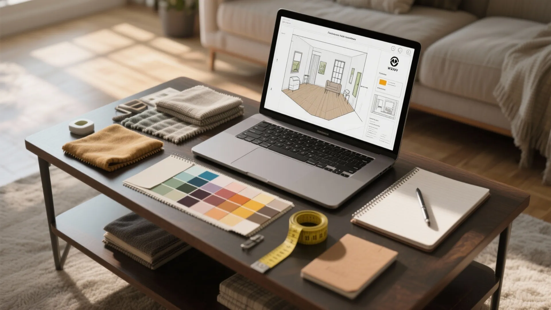 Laptop showing interior design drawing on desk with color palette, fabric samples, and measuring tape