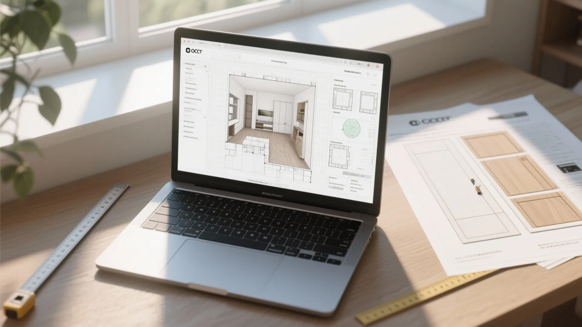 Top-down view of room planner mockup and cabinet samples on a table