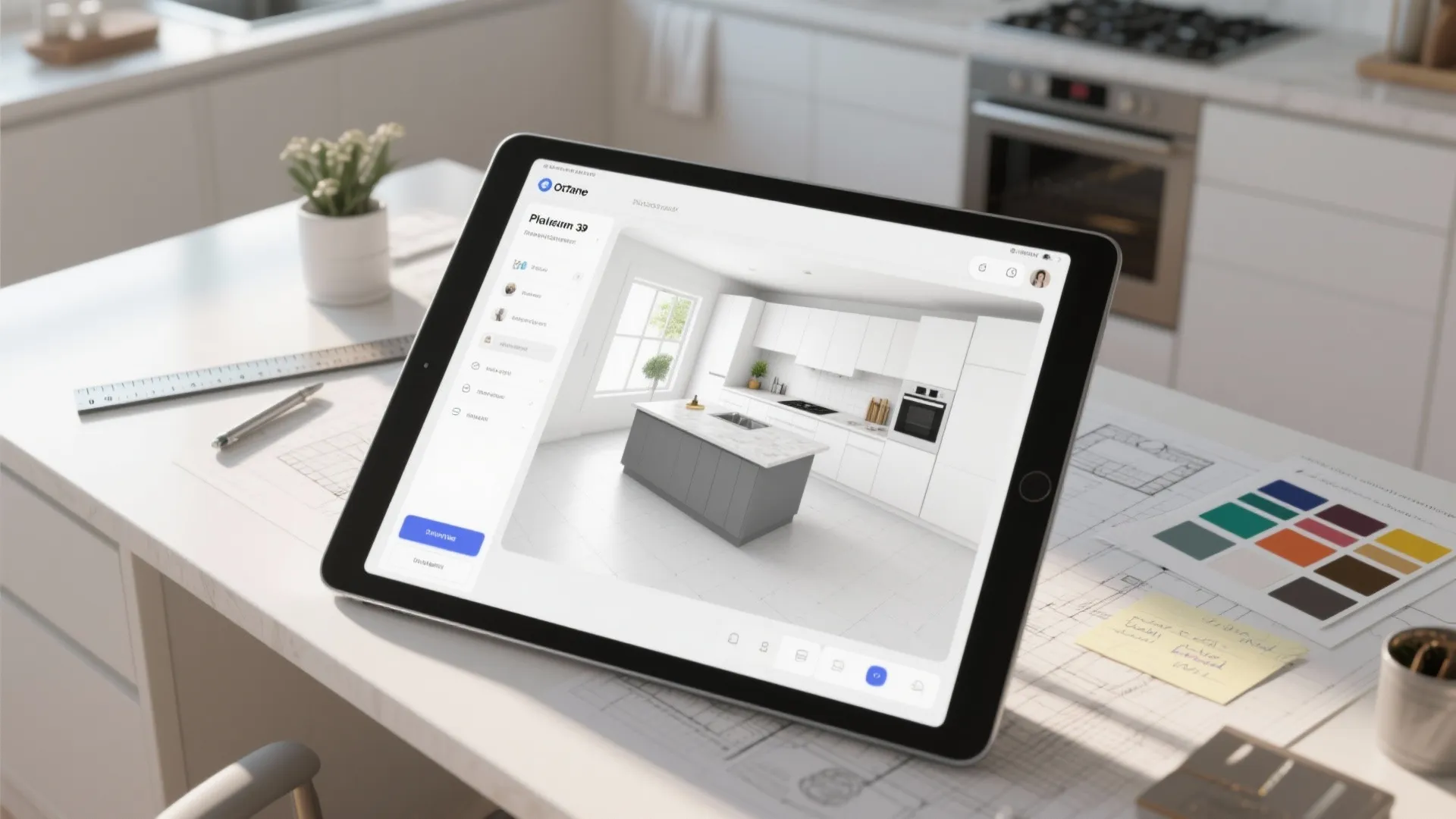 Top-down view of a desk with a tablet showing a 3D room planner, swatches and planning tools for a white kitchen with gray island.