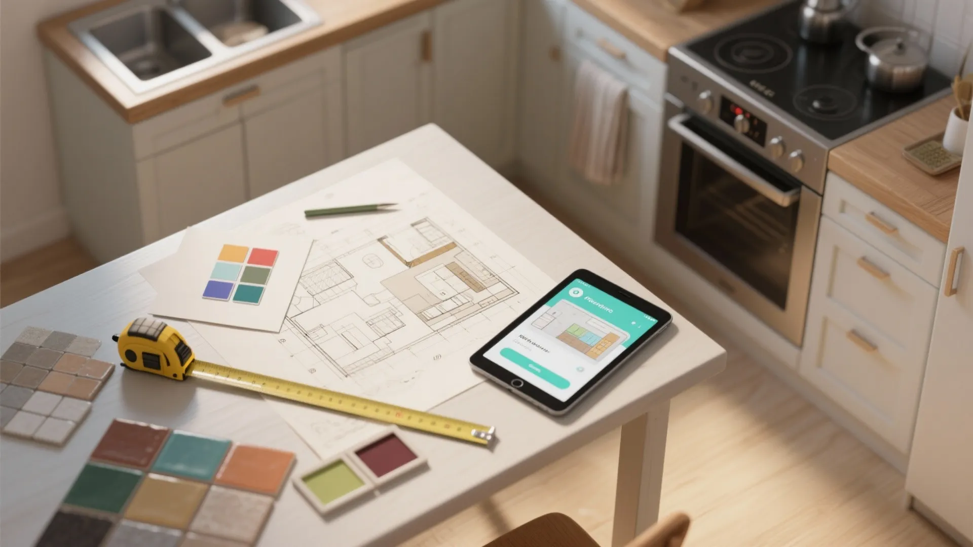 Kitchen table with paper house plan tablet computer measuring tape and various colorful tile design samples