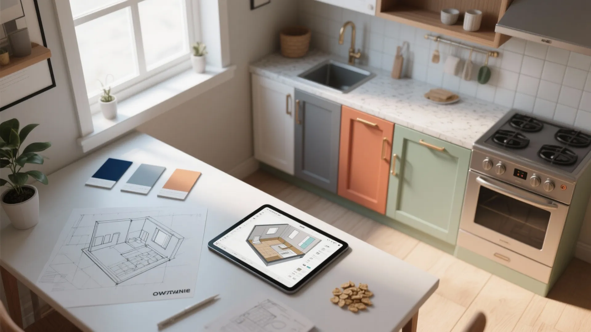 Top-down view of kitchen planning with color swatches, sketches and a 3D planner showing navy countertop options