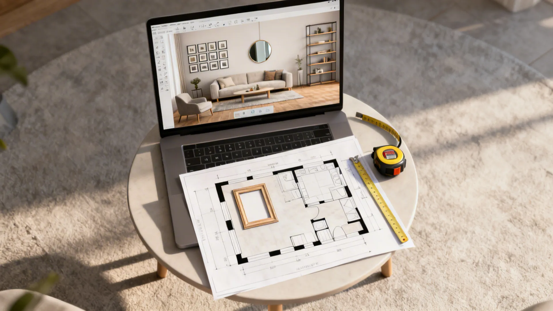 Top-down view of a room planner on a laptop with paper frame templates and measuring tape